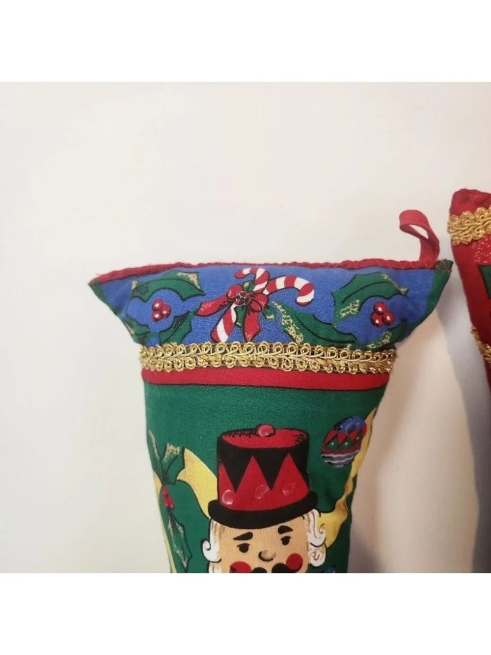 Vintage Stuffed Stocking Pillow Lot of 2 Candle Nutcracker 80s Kitsch Christmas